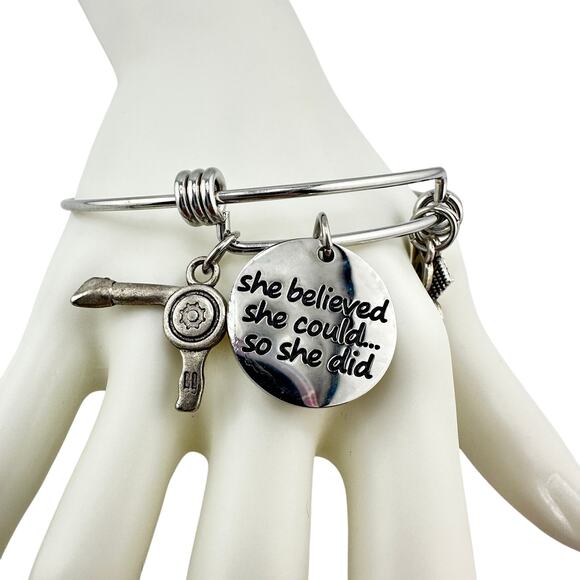 Stylist Hairdresser Salon Inspirational Silver Tone Charm Bangle 7.5" Bracelet - Picture 2 of 5